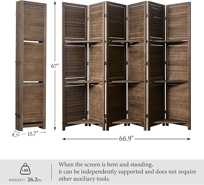 Partition Room Dividers, Folding Wood Privacy Screen with Three Display Shelves Suitable for Home Office, Study, Art Display - 6 Panel, 67 * 77inch (Brown)