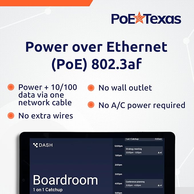 PoE Texas 8" Touchscreen Meeting Room Scheduler Tablet (No Subscription Required) - Plug and Play PoE Office Conference Room Scheduler - Digital Display Syncs with Business Calendar
