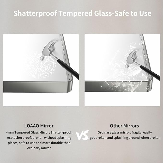 LOAAO 48X32 Inch Brushed Nickel Bathroom Mirror, Rounded Rectangle Silver Metal Frame Mirror, Brushed Nickel, Anti-Rust, Shatter Proof, Hangs Horizontally or Vertically