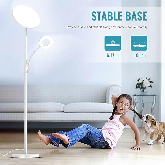 marctronic White Floor Lamp, 42W 4000LM Super Bright LED Room Lamp with Adjustable Reading Light,Dimmable Modern Standing Lamp with Remote & Touch Control for Room Bedroom Office Floor Light
