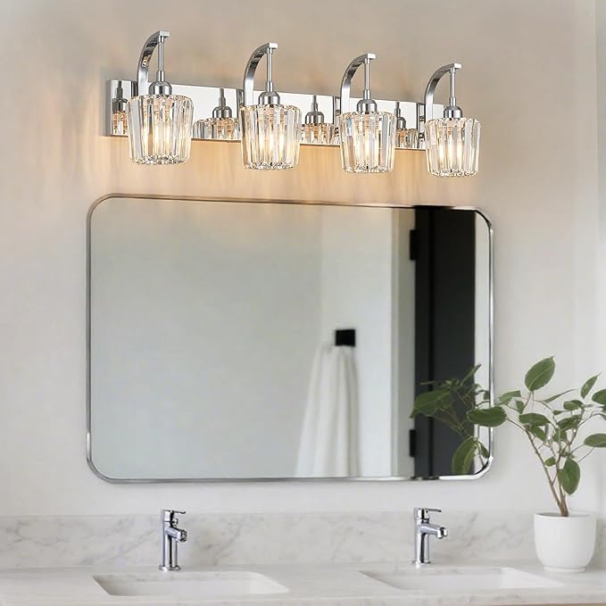 FDPBY Modern Bathroom Vanity Light, 4-Light Chrome Wall Sconce with Crystal Accents, Over Mirror Bathroom Lighting Fixture, 32.67" Long Dimmable Vanity Lamp for Makeup, Easy Installation