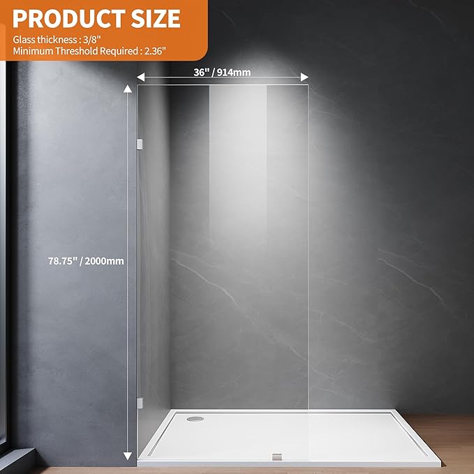 Shower Glass Panel, 36" W x 78.75" H Fixed Shower Screen Panel with 3/8"(10mm) SGCC Ultra Clear Tempered Glass, Frameless Walk in Shower Door with Easy‑Clean Coating (Chrome, 36" W x 78.75" H)