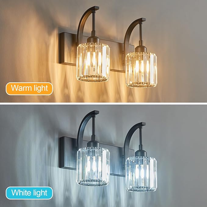 FDPBY Bathroom Crystal Vanity Lights 2-Light Black Wall Lamp Modern Crystal Bathroom Light Fixtures Over Mirror 13.77" Long Wall Sconce