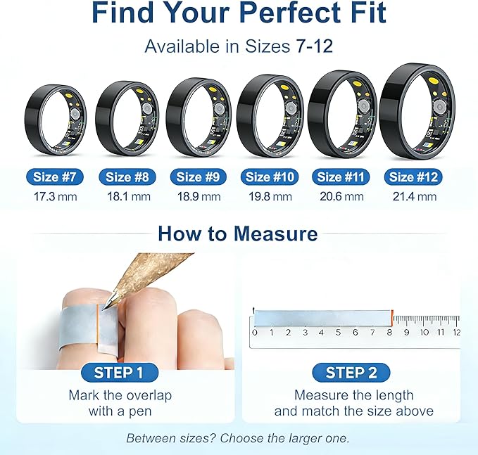 Smart Ring Health & Fitness Tracker for Men & Women, Heart Rate, SPO₂, Sleep & Activity Monitoring, IP68 Waterproof, Long Battery Life, Family Care Mode, No Subscription Fee (Black, 12)