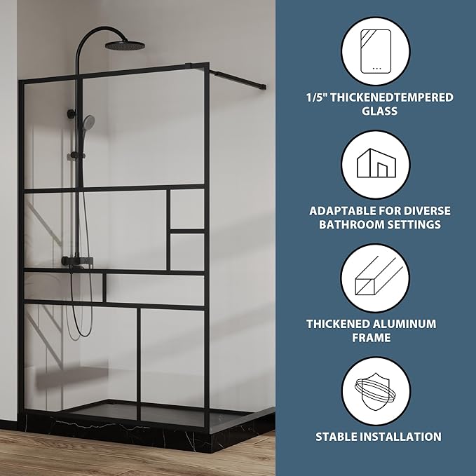 Goodyo 46 in. W x 72 in. H Bathroom Shower Glass Door Framed Tempered Clear Glass Shower Screen Panel for Walk-in Bathroom, Multiple Grid Pattern, 3-Pieces Glass, Matte Black