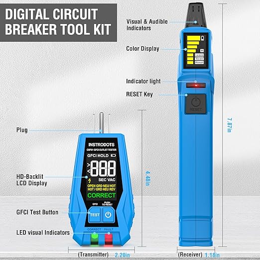 INSTRODOTS Circuit Breaker Finder Tool with Accessories, 90-135V AC Digital Breaker Finder with Integrated GFCI Outlet Tester, Circuit Tracer with Buzzer Alarm & Color Display, Includes Carrying Case