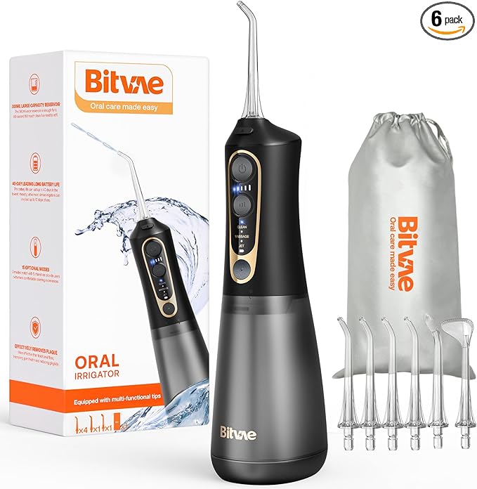 Bitvae C6 Water Dental Flosser for Teeth Pick, Cordless Flosser for Travel with 6 Jet Tips, 3 Modes 5 intensities, IPX7 Waterproof Portable & Rechargeable Oral Irrigator Cleaner, Black