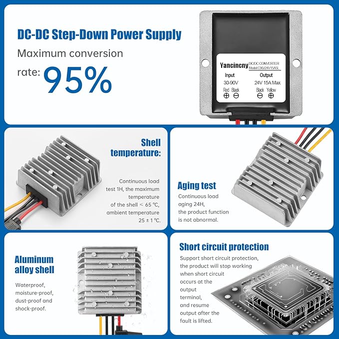 Yancincny 360W 24A 15V DC-DC Buck Converter 36V 48V 60V 72V 84V to 24V 15A Transformer - 30-90V Step Down to 24V Waterproof Power Supply with Fuse for Golf Cart/Truck/RVs/Marine/Solar