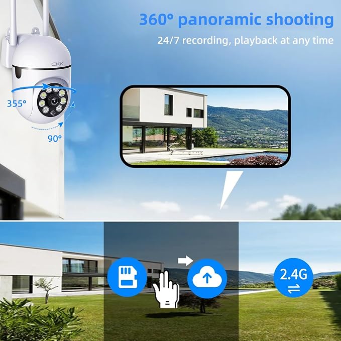 CKK 1080P Security Camera Outdoor Corded Power, 360° Pan/Tilt, Color Night - Image 4
