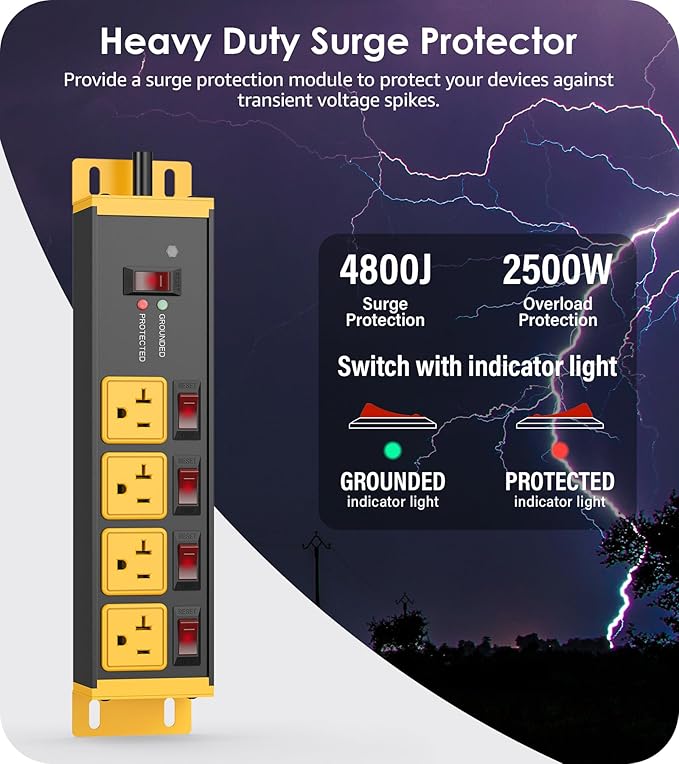 CCCEI Heavy Duty Surge Protector Power Strip 20 Amp Individual Switches. 25FT 12 Gauge Extension Cord with Multiple Outlets. Kitchen, Garage, Shop, Industrial Wall Mount Electric Extender, Yellow.