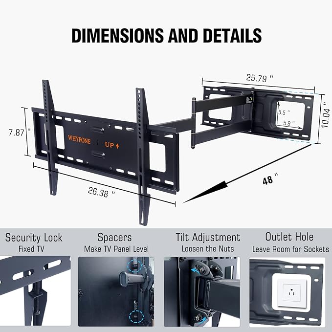 48'' Extension Extra Long Arm TV Wall Mount, Heavy Duty Full Motion TV Wall Mount for 37 to70,75,77,80,85'' Screens, Max VESA 600x400mm, Hold 110 lbs, 16''-24'' Wood Studs/Concrete/Brick Wall