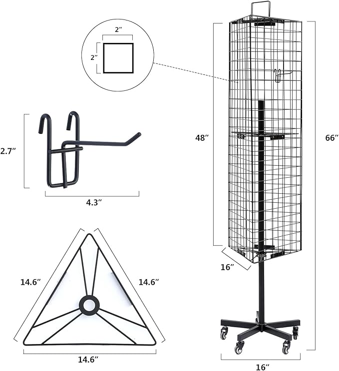NectaCol Triangular Gridwall Panel Display Stand with Base and Pole, Black Grid Wall Panels with Wheels, Craft Gridwall Display Rack, Art Display Stand, Show Rack, Extra 12pcs Hooks