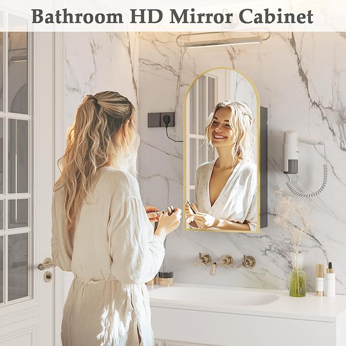 Gold Bathroom Medicine Cabinet with Mirror,Arched Bathroom Cabinet with Outlets,Vanity Mirror with Storage,Wall Mounted Medicine Cabinet with Adjustable Shelves,2 Power Outlets,16X32 Inch