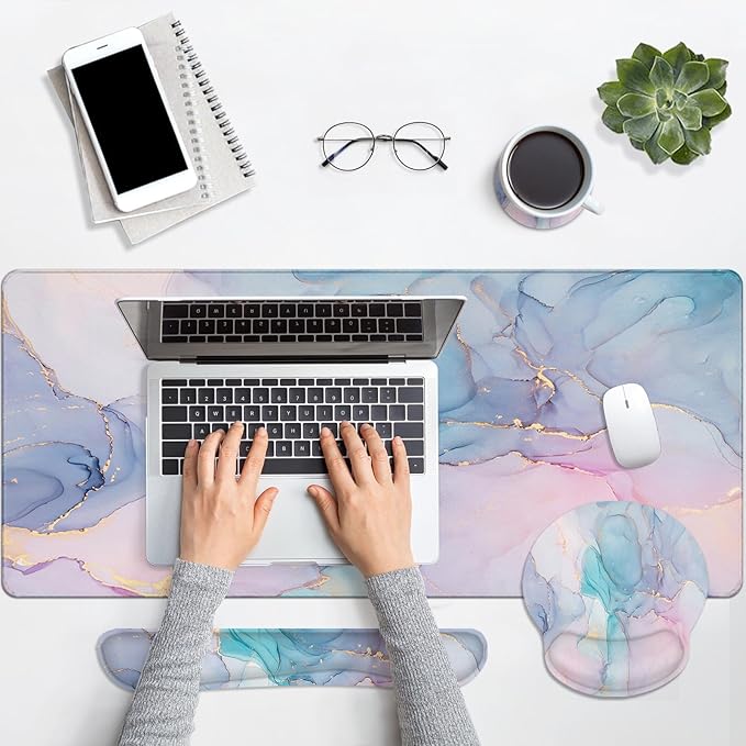 Britimes Blue Purple Liquid Marbling Keyboard Mouse Pad Set 4in1 Large Mousepad+Keyboard Wrist Rest+Mouse Wrist Rest+Coaster Ergonomic Design for Home Office Computer 35.4x15.7 inches
