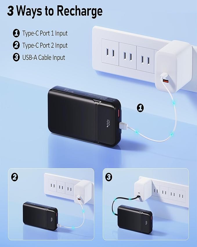 Power-Bank-Portable-Charger 49800mAh Portable Phone Charger Power Bank with 3 Built-in Cable(USB-C, iOS, USB-A), 22.5W Fast Charging LED Display External Battery Pack for iPhone Android Samsung, etc