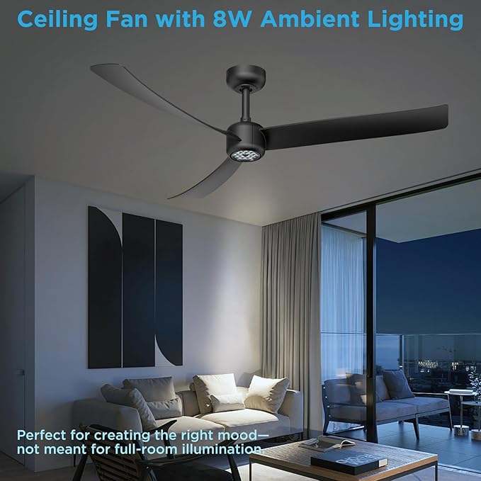 ocioc 52 Inch Ceiling Fans with Lights and Remote,Modern Ceiling Fan with Quiet Reversible DC Motor,6 Speeds,Timer,Dimmable, Black Ceiling Fan for Bedroom,Patios