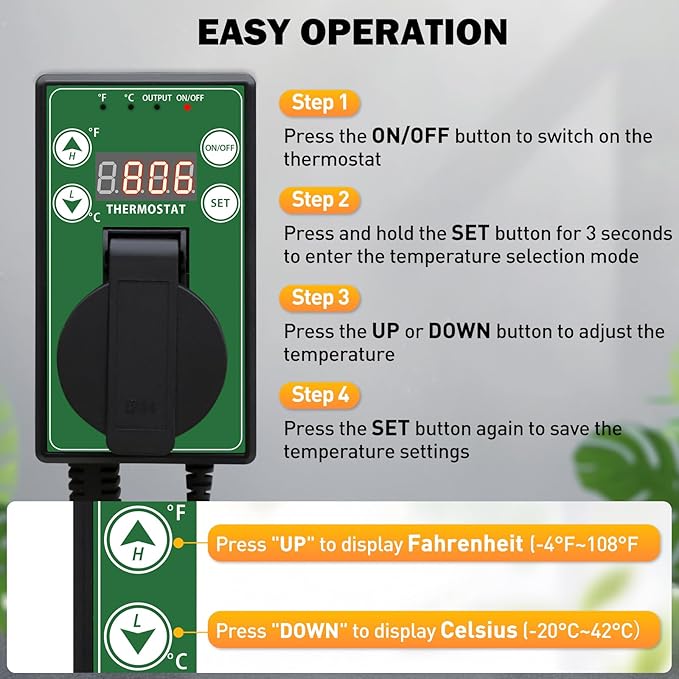 COOS BAY Digital Thermostat Controller -4 to 108°F, Temperature Control for Greenhouse Heater, Heat Mat, Grow Tent, Garage, Reptile Enclosure, Homebrew, Seedling, 15A/1500W, Green, 2 Pack
