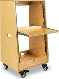 Sound Town DIY Slanted 16U Studio Rack (8U Top + 8U Lower), with 2U Bottom Storage, Slide-Out Tray, Caster, Plywood, Golden Oak For Recording Room, Home Studio (SDRK-ST16T)