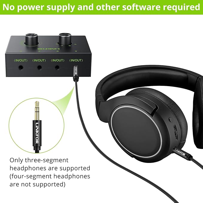 LiNKFOR 4 Port 3.5mm Stereo Audio Switch, 4 Way Stereo Audio Selector, 4 Input 1 Output / 1 Input 4 Output Audio Splitter with Volume Control and 4 Channel Switch Knob