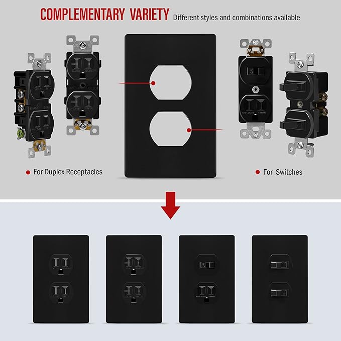ENERLITES SI8821-BK Duplex Outlet Receptacle Cover, Screwless Wall Plate, Standard Size, 1-Gang 4.68" x 2.93", Unbreakable Polycarbonate Thermoplastic, UL Listed, SI8821-BK-10PCS, Black, 10 Pack