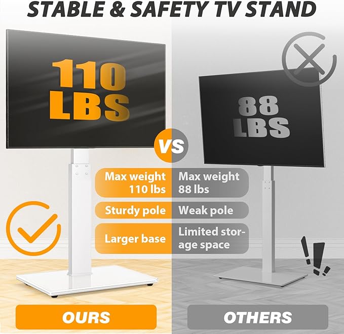 TAVR Universal Floor TV Stand Base for 32-70 Inch TVs up to 110 Lbs with Swivel Height Adjustable Mount, White Tempered Glass Base for Media Storage
