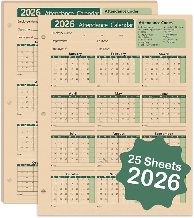 2026 Attendance Calendar by VistaRise