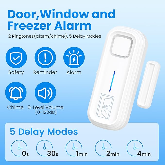 Sanjie Door Alarm with Instant and Delayed Alerts 30s/1min/2min/4min, Door Window Ajar Alarms for Kids Safety/Home Security, Volume 0-120dB, Left Open Alert for Freezer Fridge Home, 3 Sensor