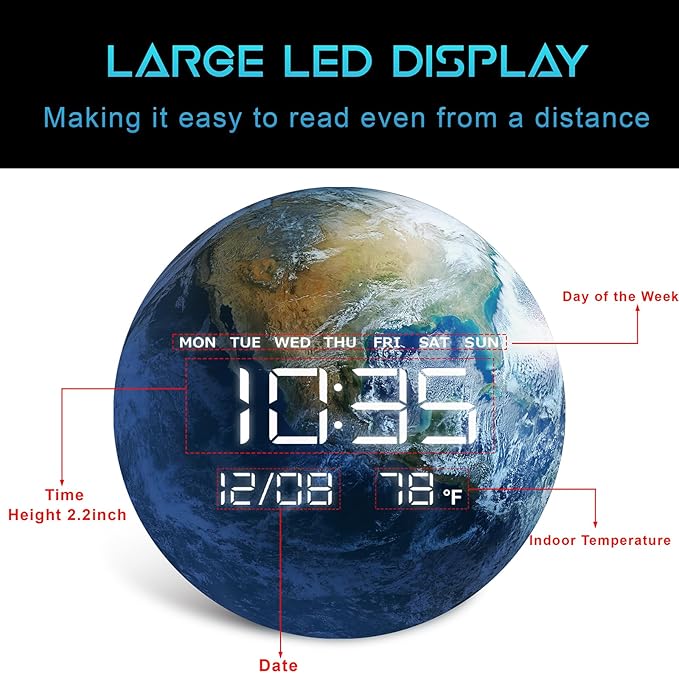 HOMLOVE Digital Wall Clock with Large LED Display, Earth Modern Electric Wall Clock [Plug-in] for All Room, Home, Office, (Earth, 12.59 INCH)