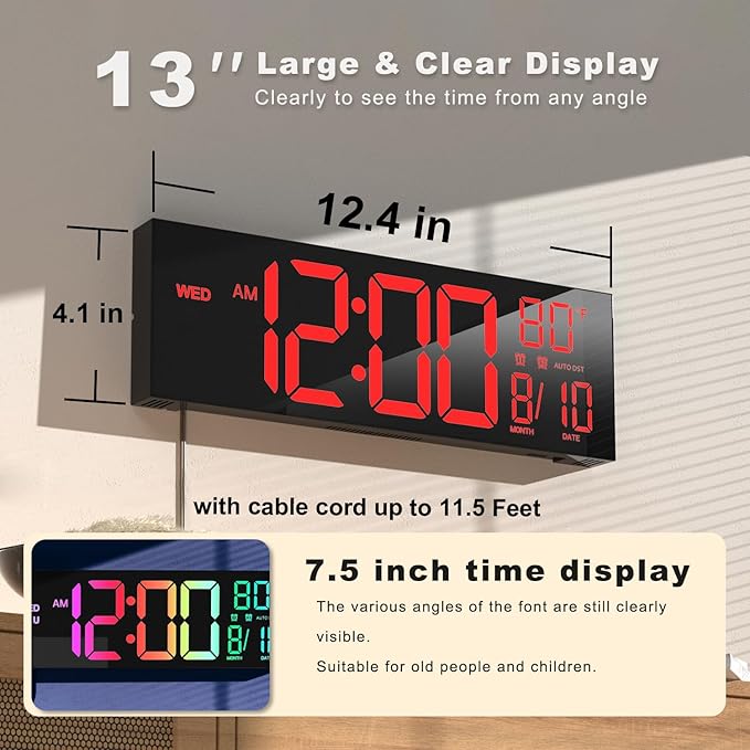 JALL 13" Large Digital Wall Mount Clock, Count Down Timer, Alarm, Big LED, DST, Temperature for Living Room Classroom Desk, Xmas, Birthday Gift for Senior Mom Dad