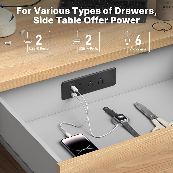 CCCEI 6 Outlets Dual Side Recessed Power Strip with 45W USB C Port, Furniture Flush Mount, Under Desk, Desk Top Multiple Outlet, Hidden Charging Station for Conference Table, Nightstand, Black. 6FT.