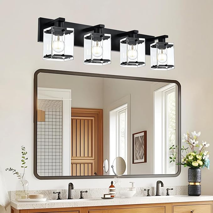 WINSHEN 4-Light Bathroom Vanity Light Fixture, Modern Black Wall Lighting Over Mirror with Rectangular Clear Glass, E26 Bulb Base