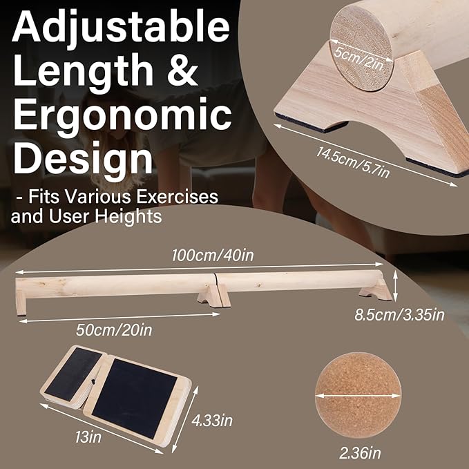 40-Inch Wooden Balance Beam Set, Two 20-Inch Connectable Sections, Natural Solid Wood Design, Includes Cork Massage Ball, Ankle Strengthener and Carry Bag for Home Training and Stability Practice