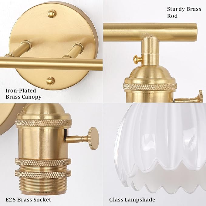 Shenmoyl Bathroom Light Fixtures, 2-Light Brass Vanity Wall Light Over Mirror with White Tulip Glass Shade for Bedroom Living Room (Bulb Not Included)