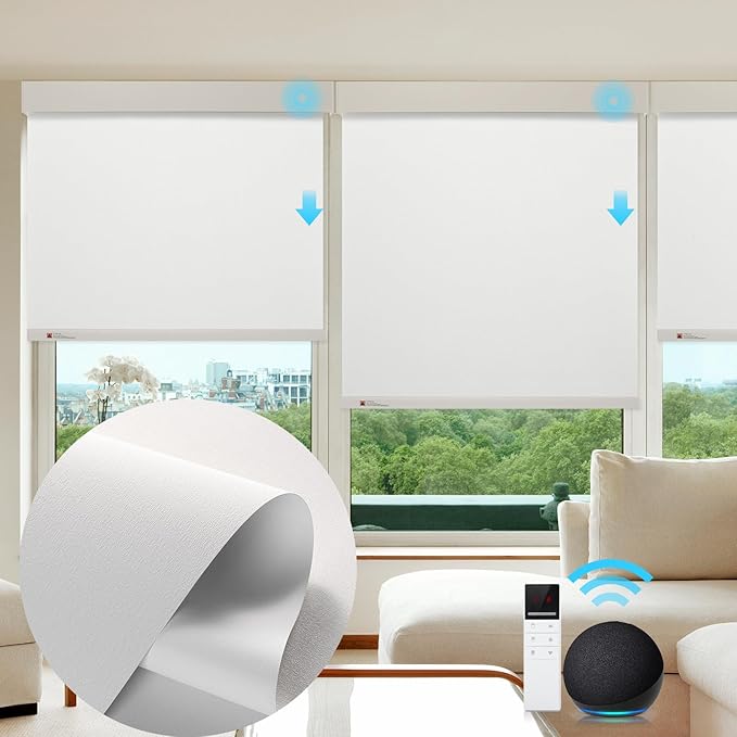 ZSTARR Motorized Smart Blind for Window,Automatic Blackout Roller Shade Compatible, with Remote Control, Child Safety Rechargeable Battery Blind with Valance,Customize (Whitewash Colour)