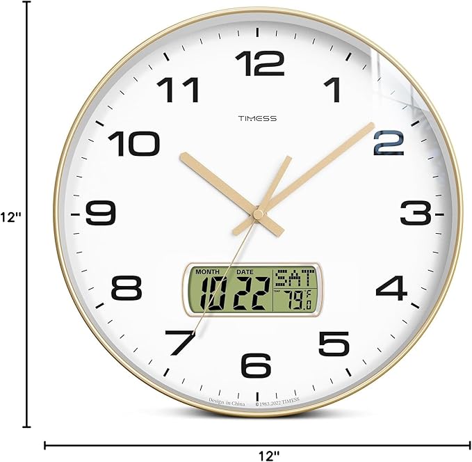 TIMESS Wall Clock, 12" Dial Non-Ticking Silent Battery Operated Analog with LCD Display for Perpetual Calendar and F° Temperature, Ideal Modern Home, Bedroom, Kitchen, Office Decor (Gold)