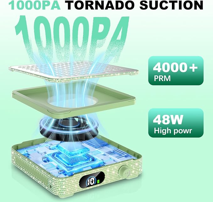 Nail Dust Collector | 1000PA Dust Collector Nail Tech | 10 Speed Levels | Low Noise & Strong Suction | Reusable Filter, 10 Pads + Nail Dust Brush | for Acrylic Nails, Salon & Home -Grass Green Diamond