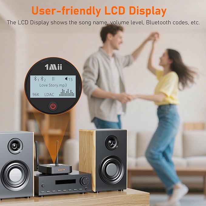 1Mii B06Pro+ Hi-Fi Bluetooth 5.2 Audio Receiver, LDAC Hi-Res Wireless Audio Adapter for Home Stereo w/aptX HD Low Latency, LCD Display, Long Range, Volume Control, 3.5mm AUX Optical Coaxial