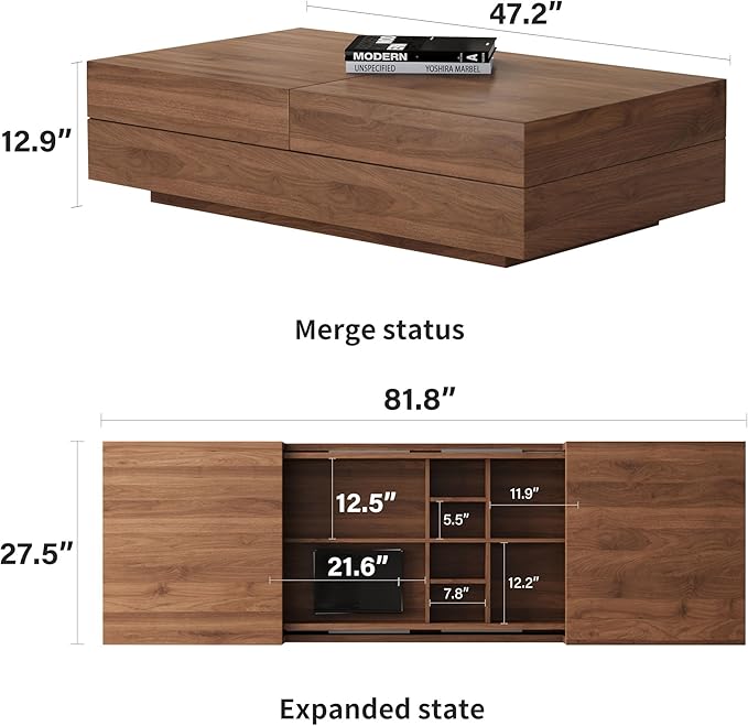 gaoyangjiaju Mid-Century Modern Expandable Coffee Table & TV Stand Set, Walnut Finish – Elegant Storage Combo for Living Room, Bedroom, or Lounge (78.54“ to 103" TV Stand+Coffee Table)