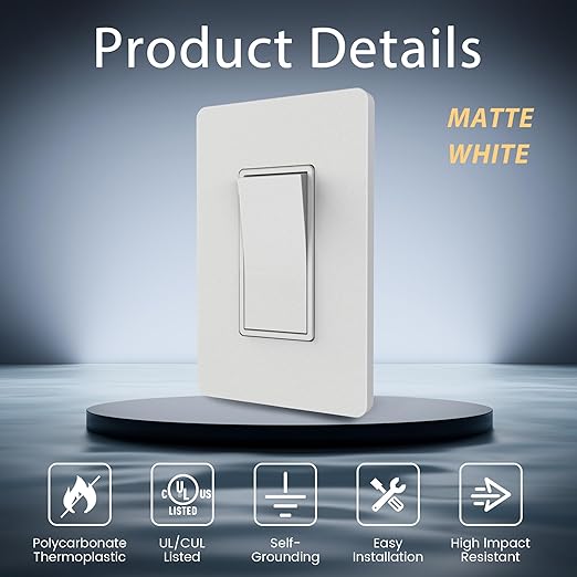 ThunderWay 3 Way Matte White Light Switch with Cover Plate, 15A 120/277 V Three Way Decorative Paddle Switches, Self-Grounding, Residential and Commercial Grade, UL Listed, 10 Pack
