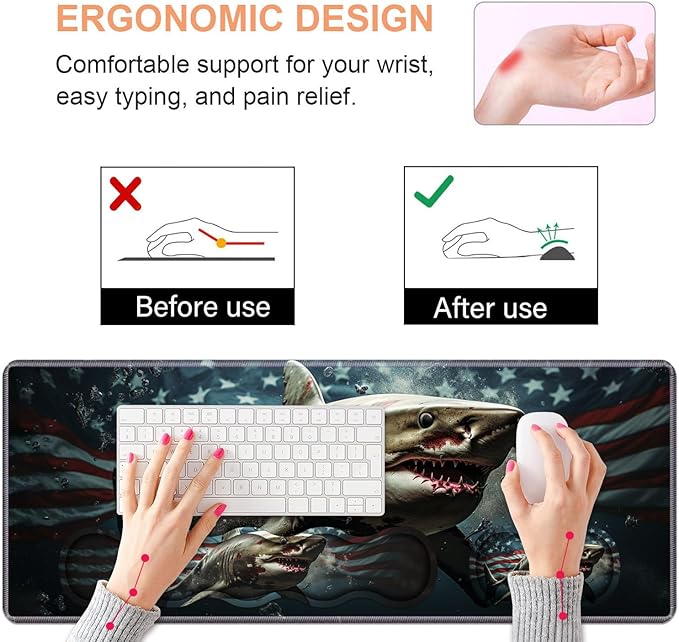 Ergonomic Keyboard Wrist Rest & Mouse Pad Wrist Rest Set, Large XXL Gaming Desk Mat 31.5"x 11.8" with Non-Slip Base, Memory Foam, Easy Typing Pain Relief for Home & Office, American Flag Shark
