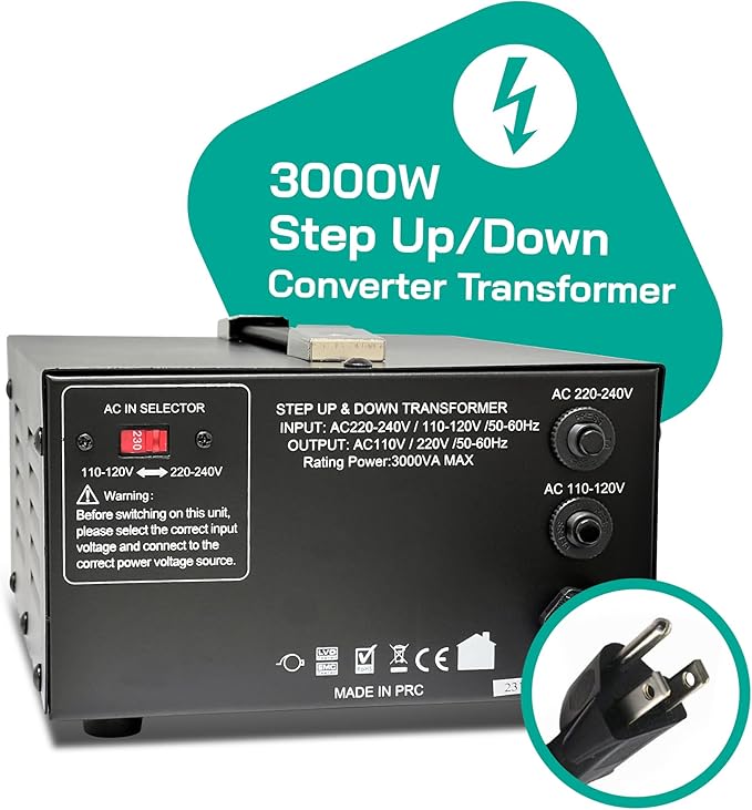 LiteFuze 3000 Watt Voltage Converter Transformer Step Up/Down - 110v to 220v / 220v to 110v Power Converter - Fully USA Grounded Cord - Universal Outlet Socket, CE Certified
