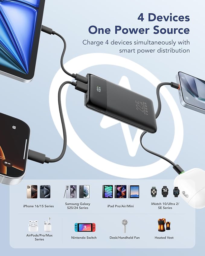 VEGER Portable Charger with Built in Cable, 10000mAh 22.5W Fast Charging USB C Battery Pack, 4 Outputs 3 Inputs Power Bank for iPhone 16/15/14/13 Series, iPad, Samsung, Android, Tablet, Black(1 Pack)