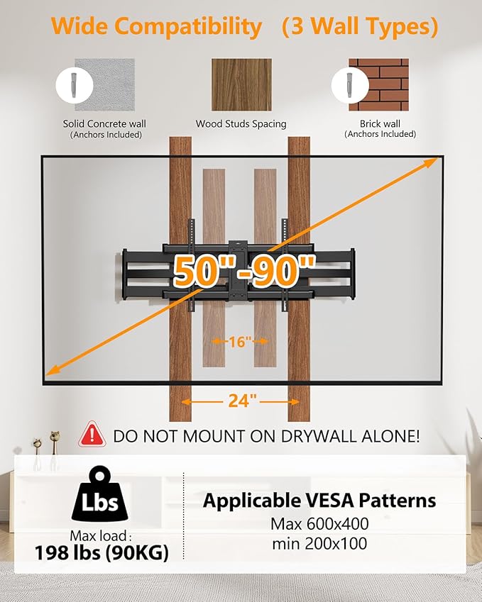 FORGING MOUNT Heavy Duty Long Arm TV Wall Mount with 43" Dual Articulating Arms for Most 50-90 inch Screen, Full Motion TV Mount Swivel Tilt Bracket Holds 198lbs, Fit 16”,18”,24” Studs VESA 600x400MM