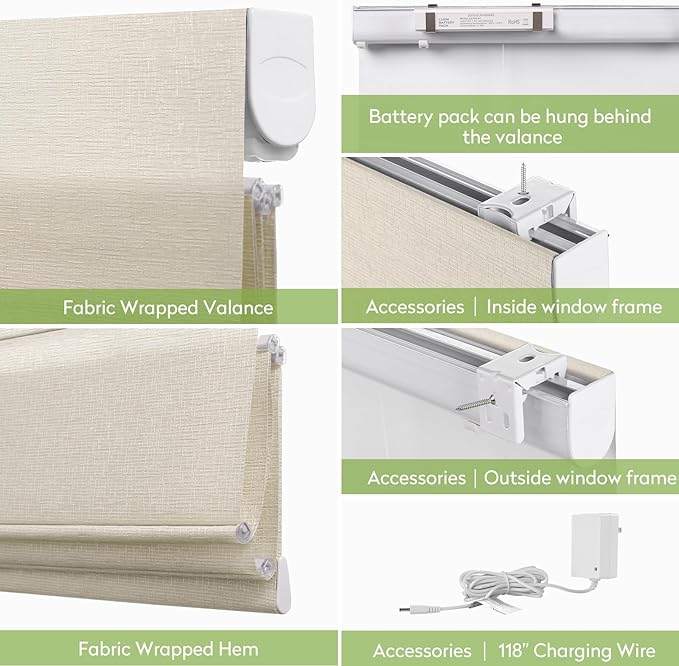 ZSTARR Smart Roman Shades Rechargeable Motorized Blinds with Remote Light Filtering Roman Window Shades Plain Fold Soft for Doors Bedroom, Custom Size (Sheer Beige)