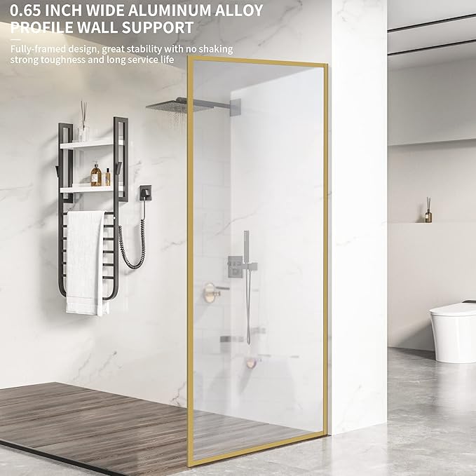 Bathroom Fixed Glass Shower Wall Panels, 34 in W x 74 in H Framed Tempered Shower Glass Panel for Open Walk-in Bathroom and Bathtub, Clear Glass Shower Panel with Matte Brushed Gold Finish