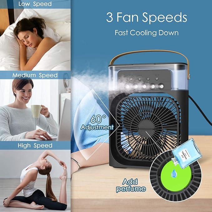 NTMY Personal Air Cooler, Portable Air Conditioner Fan, Mini Evaporative Cooler with 7 Colors LED Light, 1/2/3 H Timer, 3 Wind Speeds and 3 Spray Modes for Your Desk, Nightstand, or Coffee Table