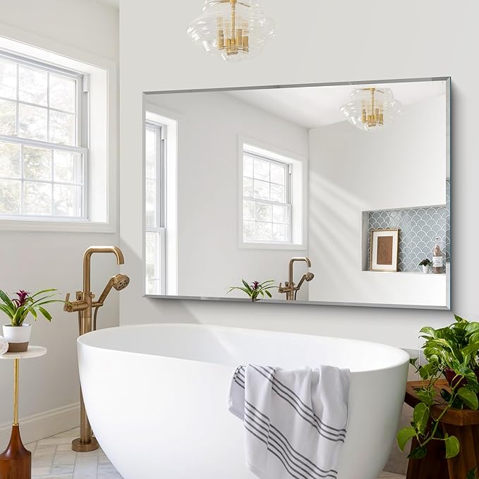 CILIBER 60x40 Large Beveled Mirror, Frameless Beveled Bathroom Mirrors for Over Sink, Upgraded Shatterproof Beveled Frameless Vanity Mirror for Bathroom,Bedroom,Living Room and Entryway