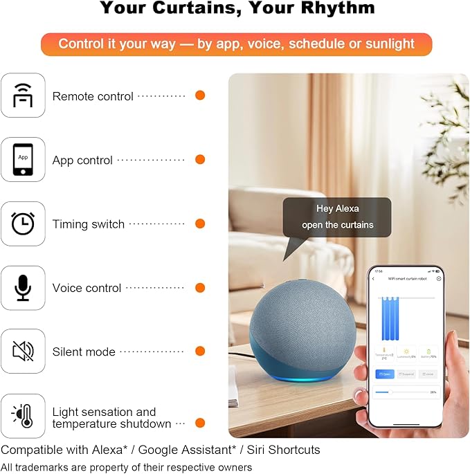 Automatic Curtain Opener - Gifts for Women and Men, Smart Curtain Opener with Remote for Roman/U/T Rails, Bluetooth Curtain Opener with App/Timer, Compatible with Alexa and Google Home