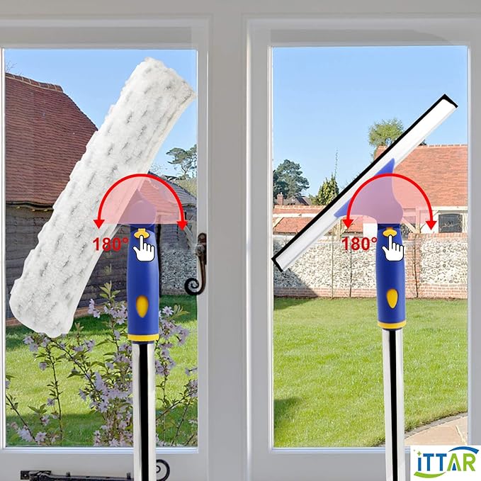ITTAR Rotatable Window Cleaning Kit, Window Cleaner Squeegee with 60" Extension Pole, Rubber Squeegee & 2 Microfiber Scrubber Combo, Window Washing Equipment for Cleaning Shower, Windows, Car Glass