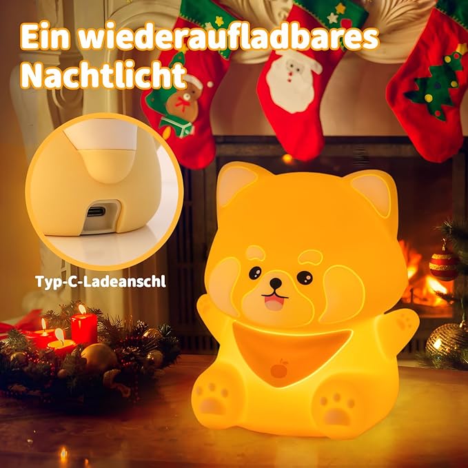 Rytinazzz Red Panda Night Light, 50-Hour Battery & Pat Control, Squishy Silicone Lamp for Kids Nursery, USB Rechargeable with Timer, Valentines Gifts